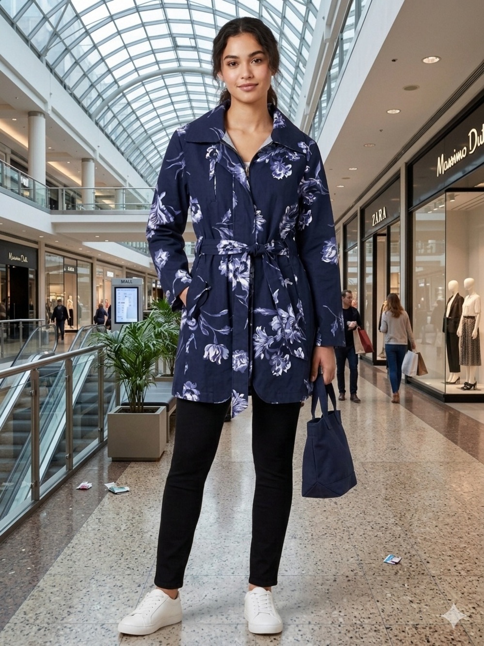 Joe Fresh Navy Floral Tie-Waist Trench Coat